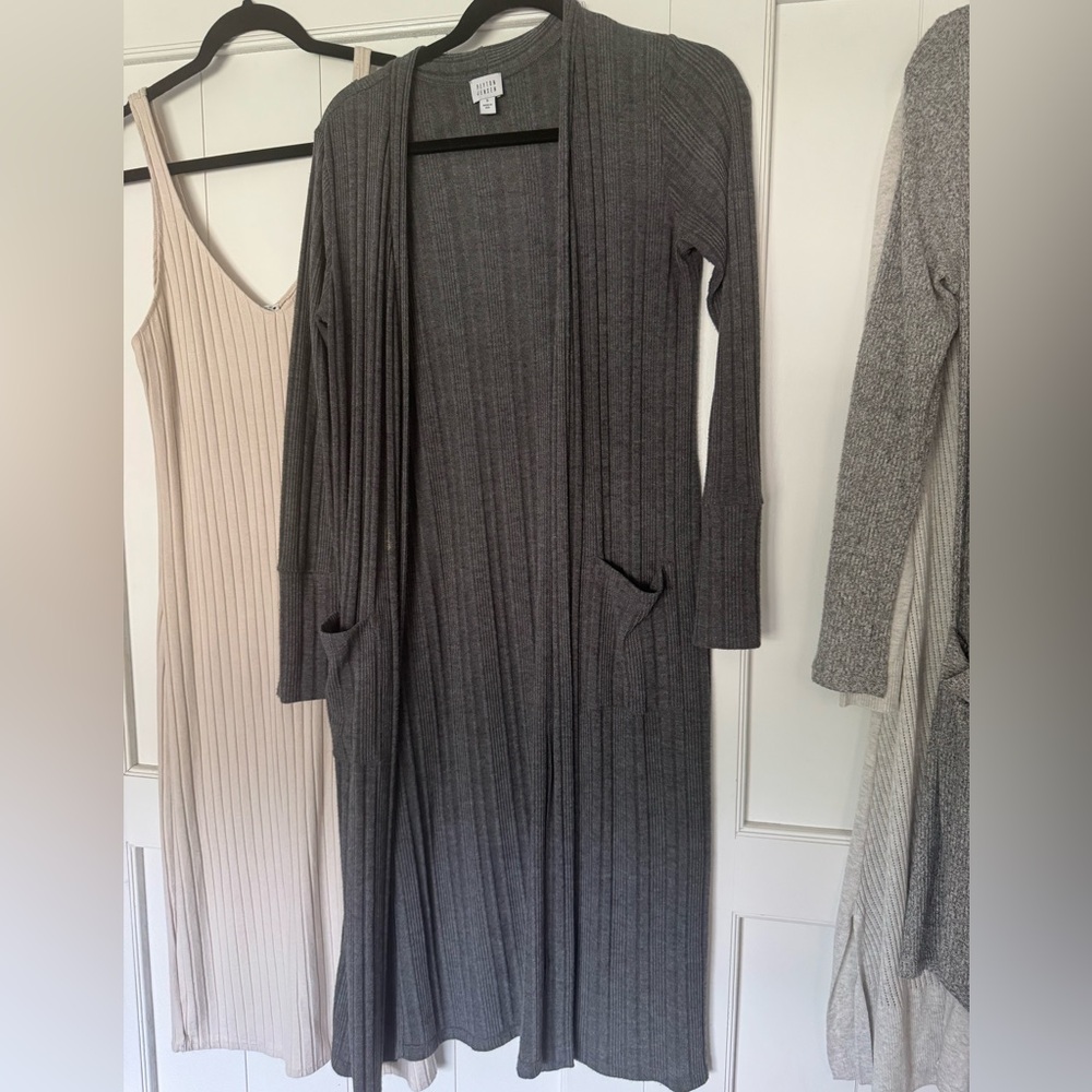 Grey Ribbed Long Sleeve Duster
